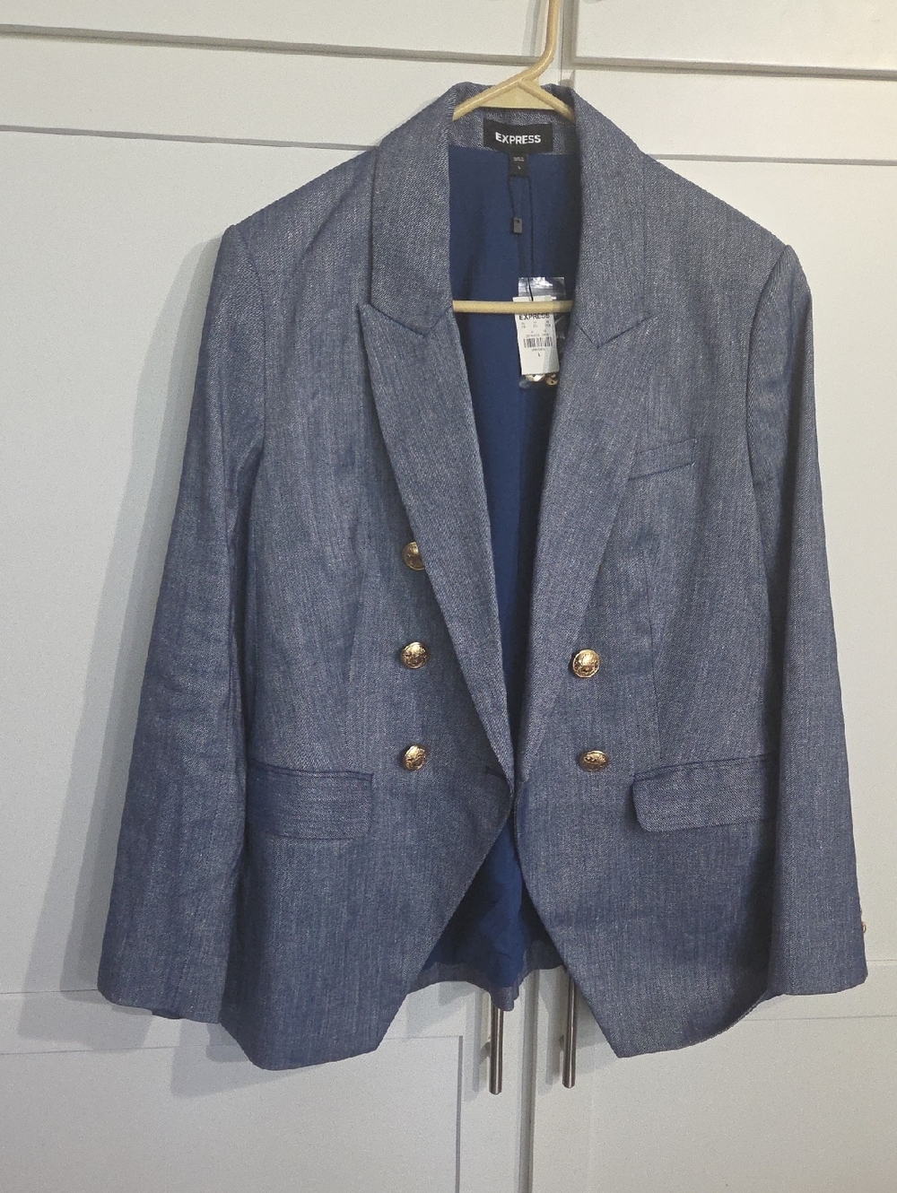 Express Denim-Style Double-Breasted Blazer with Gold Buttons